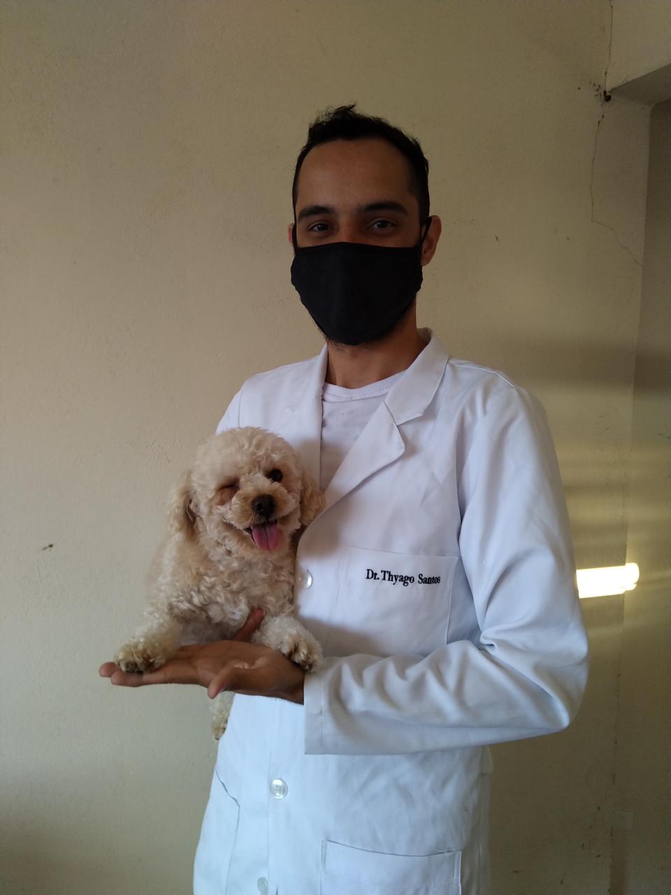 Dr. Thyago com cão durante vacinação